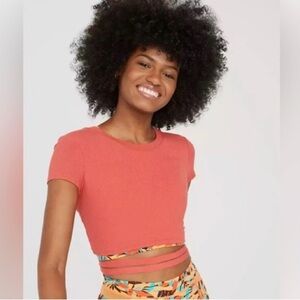 Offline by Aerie Thumbs Up Tie-Back T-Shirt, S, Coral, Ribbed Cropped Open-Back